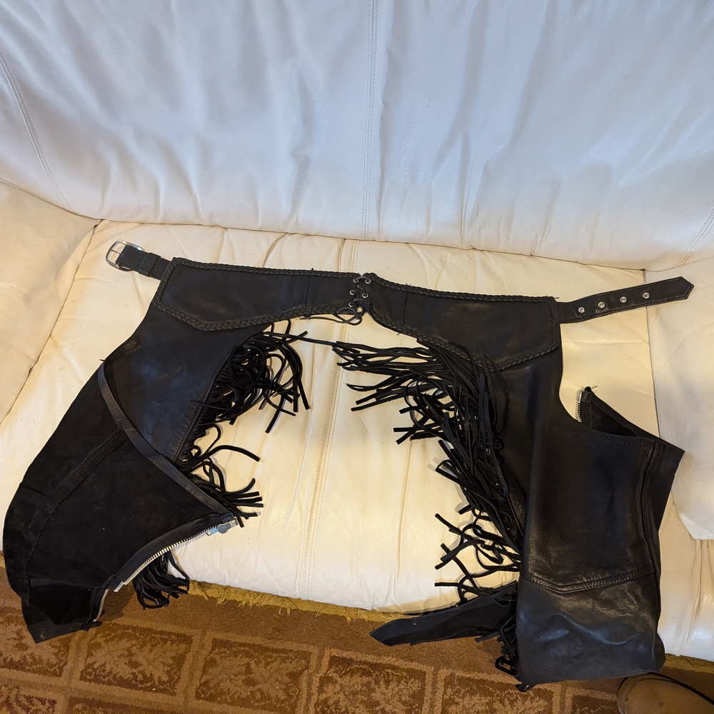 Fringed Black Leather Women's Motorcycle Chaps